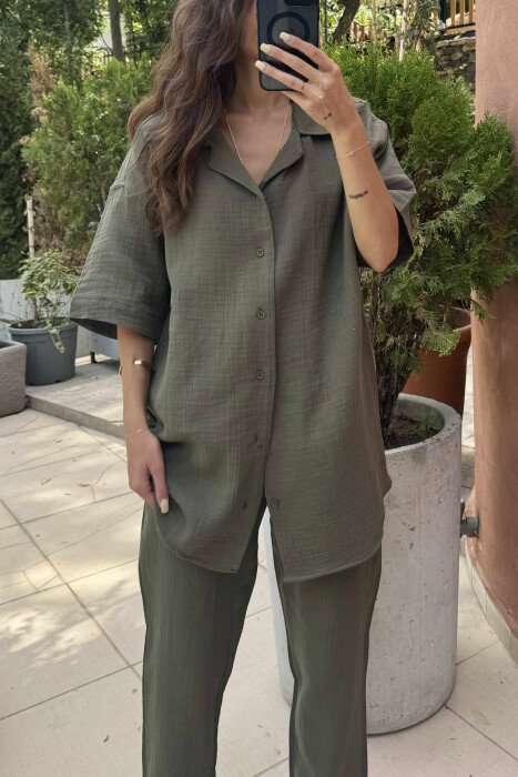 SHORT SLEEVES SHIRT+TROUSERS SIMPLE WOMEN SET GREEN/JESHILE - 3
