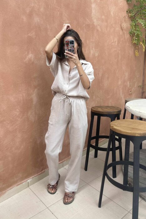 SHORT SLEEVES SHIRT+TROUSERS SIMPLE WOMEN SET LIGHT BEIGE/BZHZB 