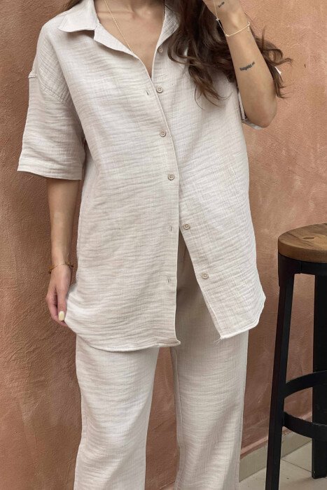 SHORT SLEEVES SHIRT+TROUSERS SIMPLE WOMEN SET LIGHT BEIGE/BZHZB - 4