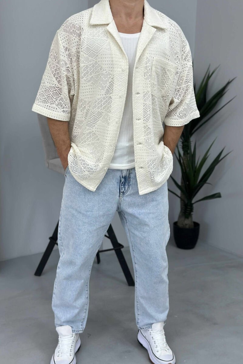 SHORT SLEEVES SINGLE POCKET MEN SHIRT CREAM/KREM - 1