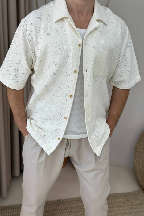 SHORT SLEEVES SINGLE POCKETS MEN SHIRT CREAM/KREM - 3