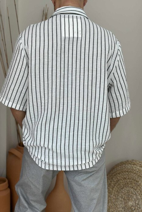 SHORT SLEEVES STRIPED MEN SHIRT WHITE-DARK GREY/BAGE - 2