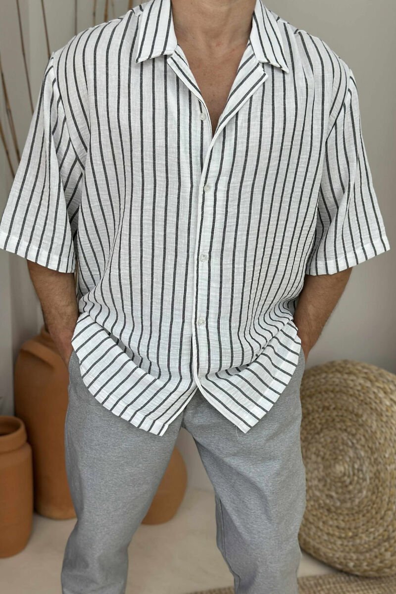 SHORT SLEEVES STRIPED MEN SHIRT WHITE-DARK GREY/BAGE - 3