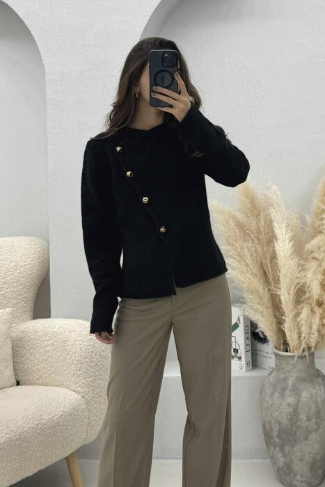 SIDE BUTTONED ONE COLOR WOMEN CARDIGAN BLACK/ E ZEZE - 3