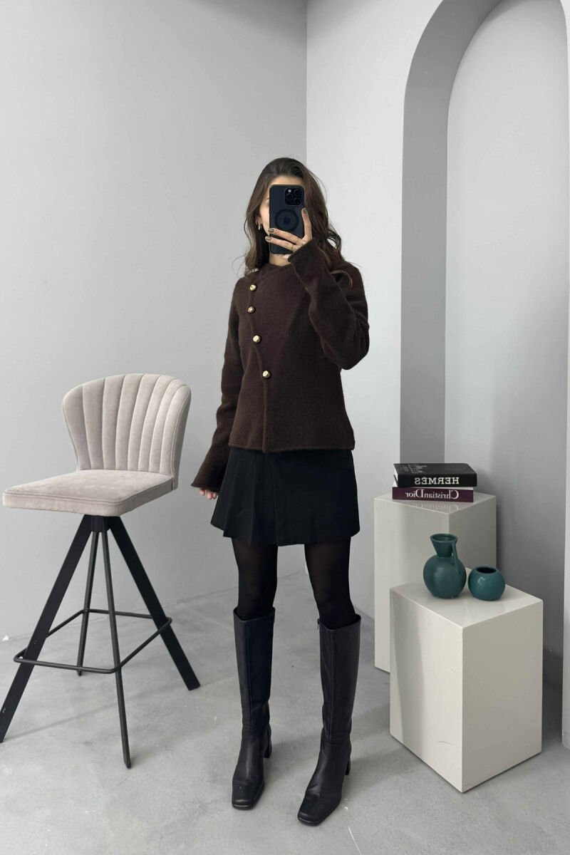 SIDE BUTTONED ONE COLOR WOMEN CARDIGAN DARK BROWN/KAE - 2
