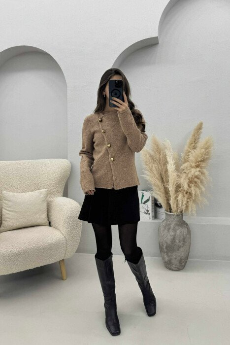 SIDE BUTTONED ONE COLOR WOMEN CARDIGAN LIGHT BROWN/KAZB - KLAUDIO FASHION