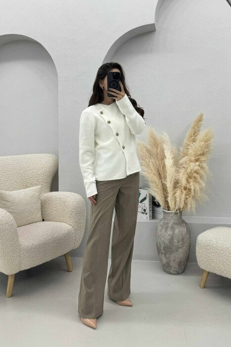 SIDE BUTTONED ONE COLOR WOMEN CARDIGAN WHITE-E BARDHE - KLAUDIO FASHION