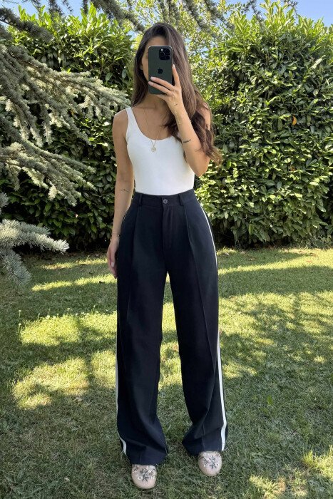 SIDE LINE DESIGN SEMI ELASTIC WOMEN TROUSERS DARK BLUE/BEE - KLAUDIO FASHION