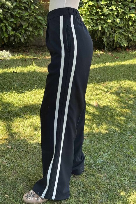SIDE LINE DESIGN SEMI ELASTIC WOMEN TROUSERS DARK BLUE/BEE - 4