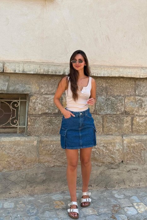 SIDE POCKETS DENIM WOMAN SKIRT BLUE/BLU - KLAUDIO FASHION