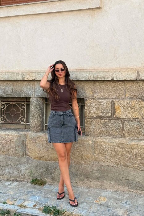 SIDE POCKETS DENIM WOMAN SKIRT DARK GREY/GEE - KLAUDIO FASHION