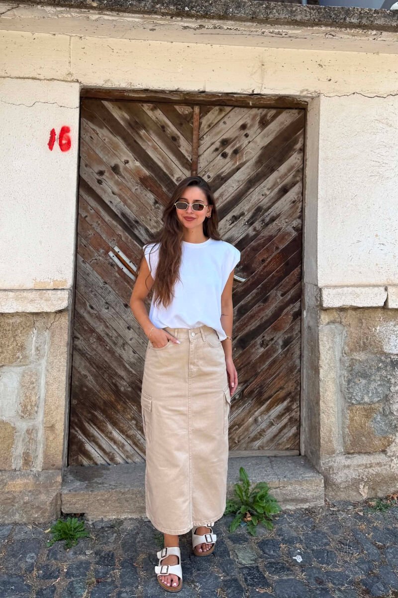 SIDE POCKETS LONG DENIM WOMAN SKIRT BEIGE/BEZHE - 1