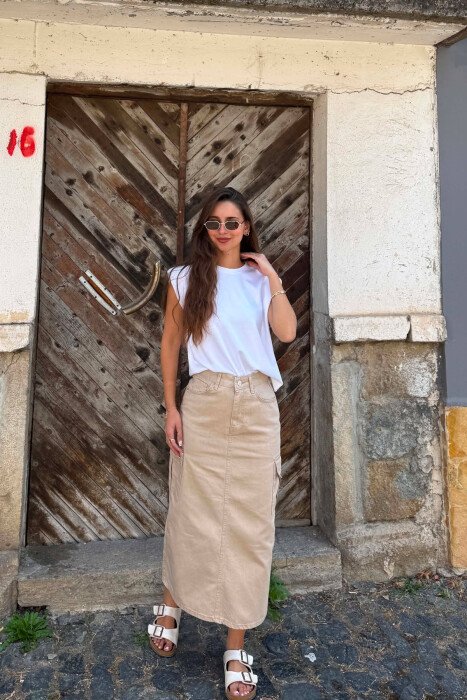 SIDE POCKETS LONG DENIM WOMAN SKIRT BEIGE/BEZHE - 5
