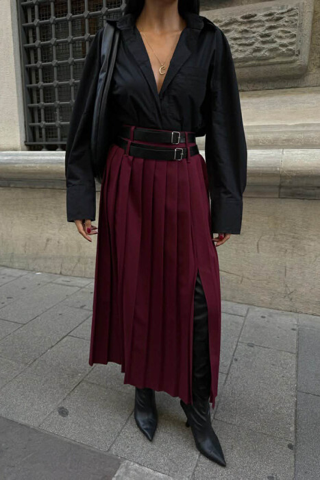 SIDE SPLIT LONG BELTED WOMEN SKIRT BURGUNDY/VISHNJE - 1