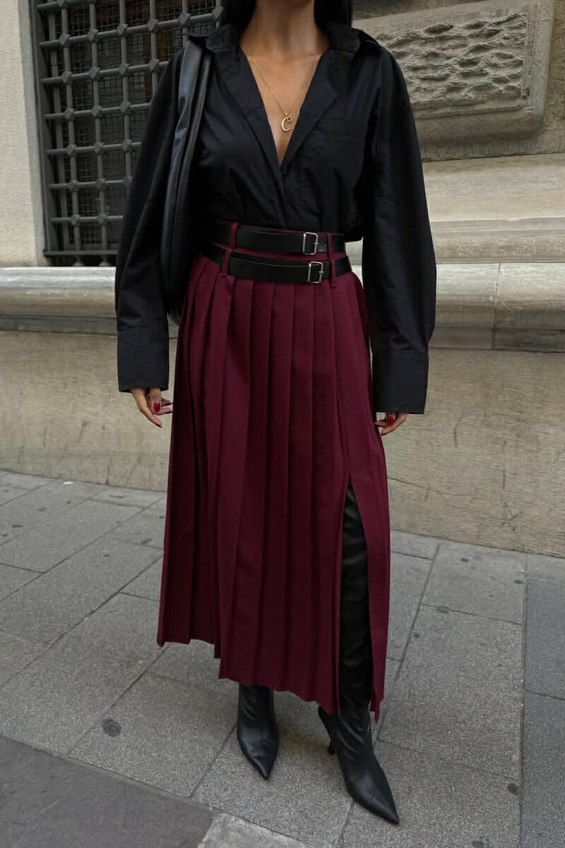 SIDE SPLIT LONG BELTED WOMEN SKIRT BURGUNDY/VISHNJE - 1