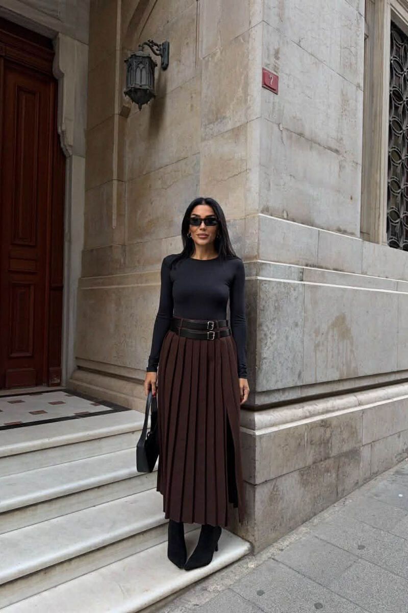 SIDE SPLIT LONG BELTED WOMEN SKIRT DARK BROWN/KAE - 2