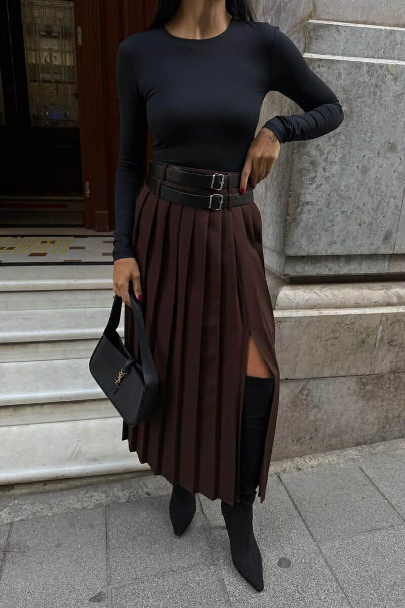 SIDE SPLIT LONG BELTED WOMEN SKIRT DARK BROWN/KAE - 1