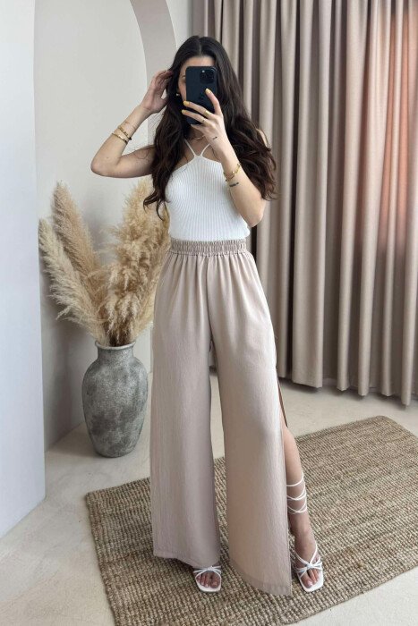 SIDE SPLIT WIDE LEG ONE COLOR WOMEN TROUSERS BEIGE/BEZHE 