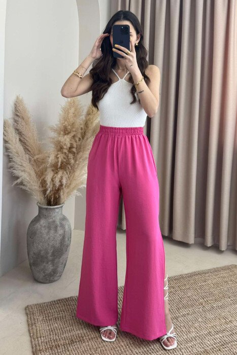 SIDE SPLIT WIDE LEG ONE COLOR WOMEN TROUSERS PINK/ROZE - 1
