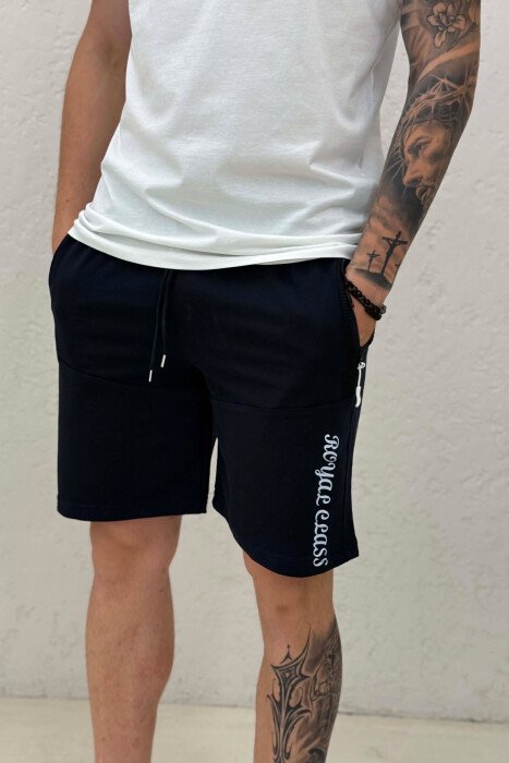 SIDE WRITTINGS ZIPPER POCKETS MEN SHORT SWEATPANTS DARK BLUE/BEE - 2