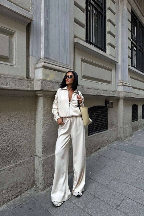 SIDE ZIPPER DETAIL JACKET+SWEATPANTS WOMEN SET BEIGE/BEZHE - KLAUDIO FASHION