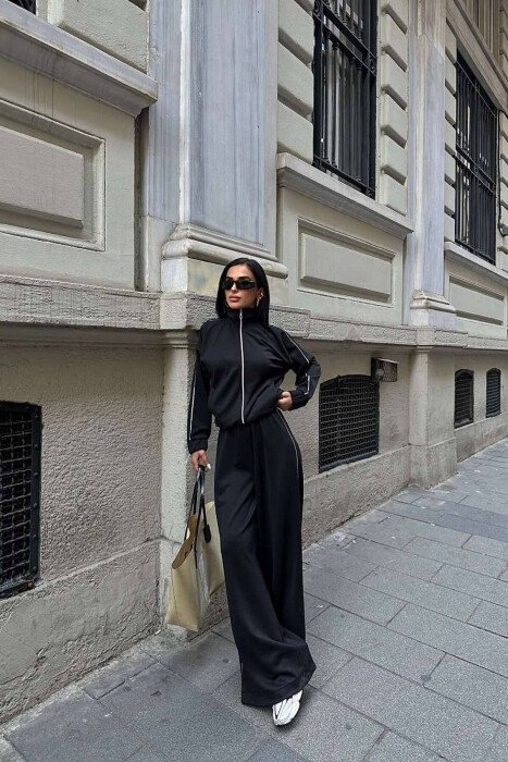 SIDE ZIPPER DETAIL JACKET+SWEATPANTS WOMEN SET BLACK/ E ZEZE - KLAUDIO FASHION