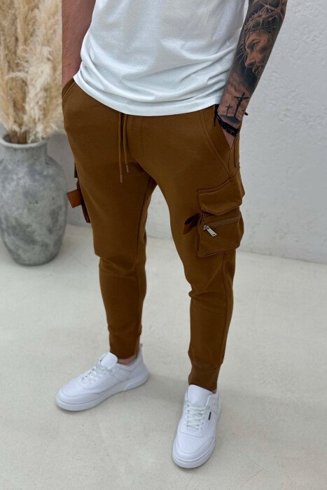 SIDE ZIPPER POCKET ONE COLOR MEN SWEATPANTS BROWN/KAFE - 5