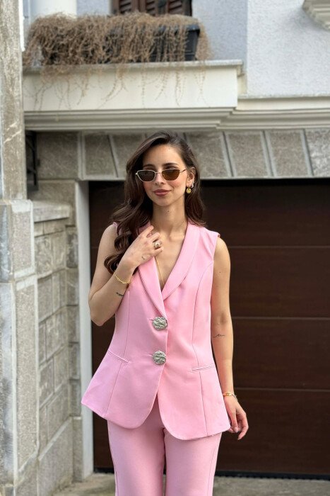 SILVER BUTTONS VEST +TROUSERS WOMAN SET PINK/ROZE - 3