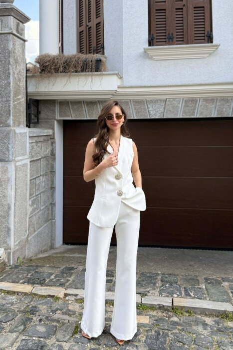 SILVER BUTTONS VEST +TROUSERS WOMAN SET WHITE-E BARDHE - KLAUDIO FASHION