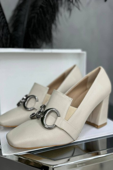 SILVER DETAILS LEATHER WOMAN HEELS CREAM/KREM - KLAUDIO FASHION