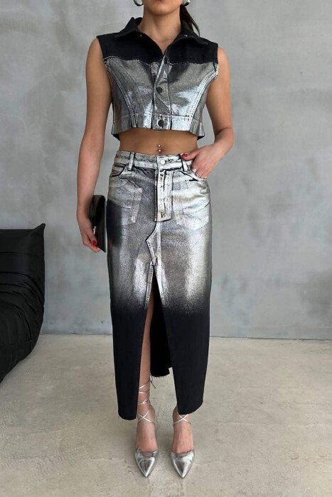 SILVER DETAILS VEST+SKIRT WOMEN SET BLACK/ E ZEZE 