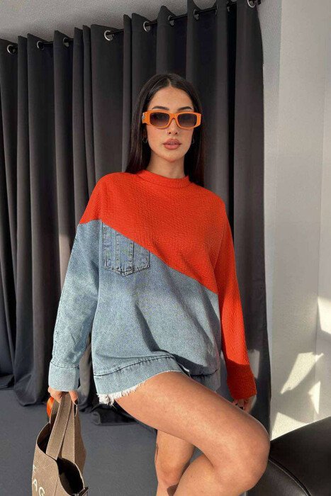 SIMETRIC DENIM DESIGN WOMEN SWEATSHIRT ORANGE/PORTOKALLI 