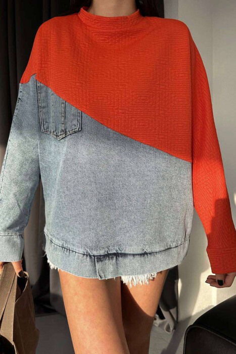 SIMETRIC DENIM DESIGN WOMEN SWEATSHIRT ORANGE/PORTOKALLI - 3