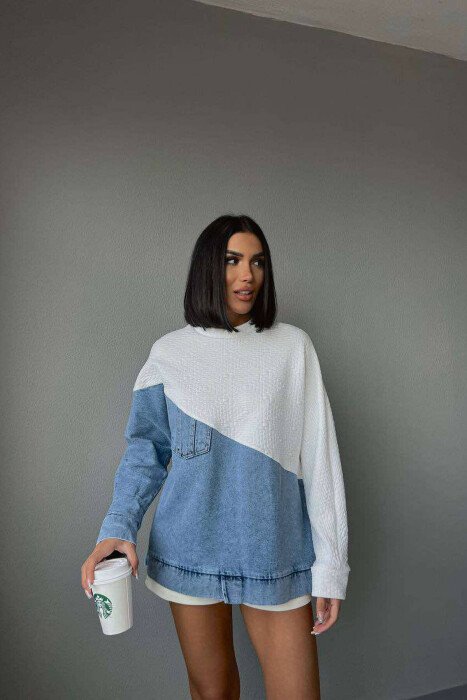 SIMETRIC DENIM DESIGN WOMEN SWEATSHIRT WHITE-E BARDHE - 1