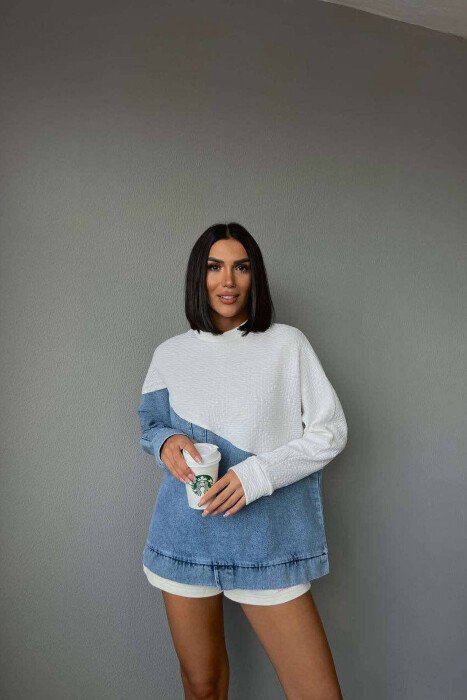 SIMETRIC DENIM DESIGN WOMEN SWEATSHIRT WHITE-E BARDHE - 3