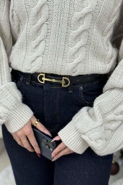 SIMETRIC LETTER D BUCKLE DESIGN WOMEN BELT BLACK+GOLD/ZEGO 