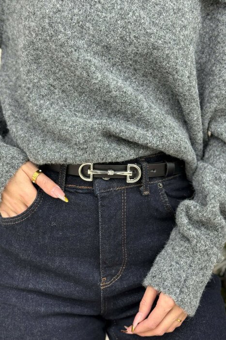 SIMETRIC LETTER D BUCKLE DESIGN WOMEN BELT BLACK+SILVER/ZEZE+ARGJEND 