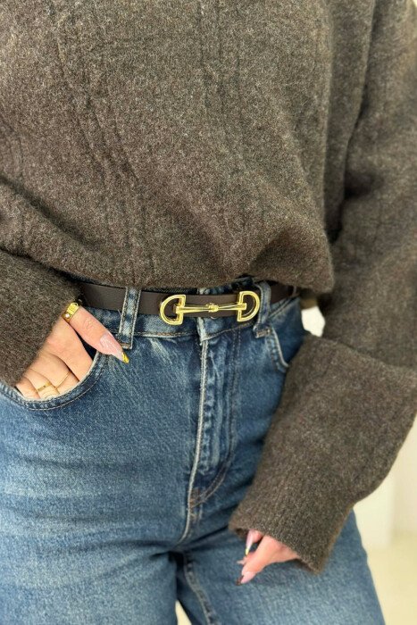 SIMETRIC LETTER D BUCKLE DESIGN WOMEN BELT DARK BROWN+GOLD/KAFE ERRET+GOLD - KLAUDIO FASHION