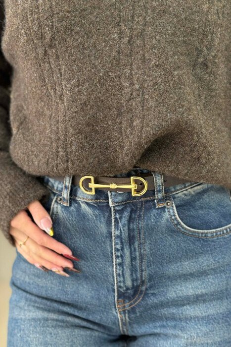 SIMETRIC LETTER D BUCKLE DESIGN WOMEN BELT DARK BROWN+GOLD/KAFE ERRET+GOLD - 2