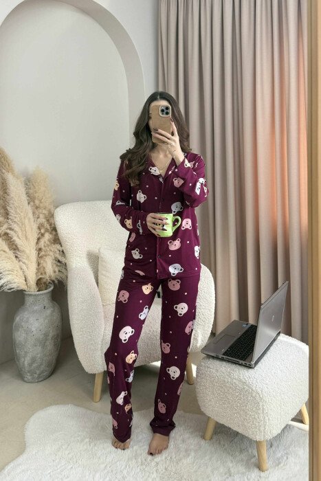 SIMPLE BEAR DESIGN SHIRT+TROUSERS WOMEN PYJAMAS DARK BURGUNDY/VISHNJE E ERRET - KLAUDIO FASHION