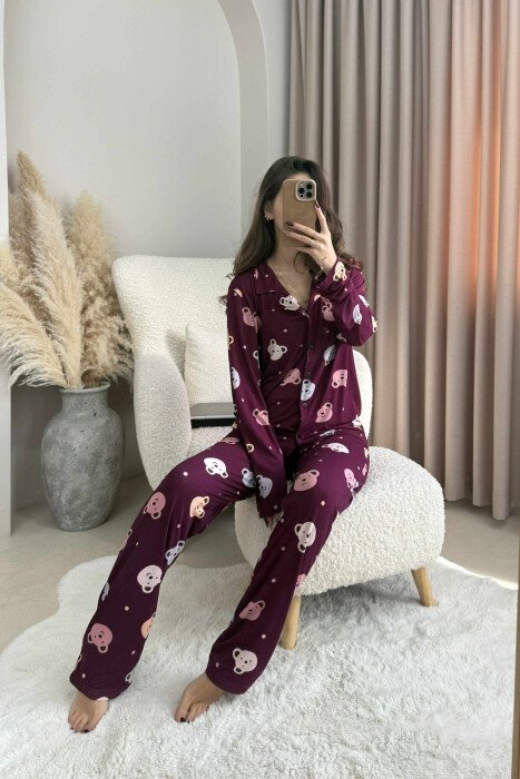 SIMPLE BEAR DESIGN SHIRT+TROUSERS WOMEN PYJAMAS DARK BURGUNDY/VISHNJE E ERRET - 3