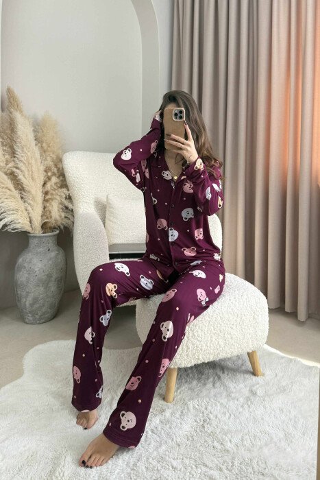 SIMPLE BEAR DESIGN SHIRT+TROUSERS WOMEN PYJAMAS DARK BURGUNDY/VISHNJE E ERRET - 2