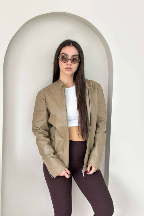 SIMPLE BIKER WOMEN JACKET LIGHT BROWN/KAZB - KLAUDIO FASHION