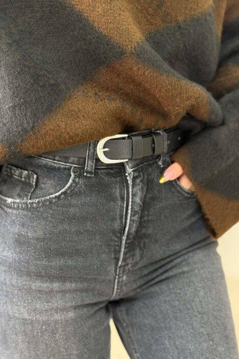 SIMPLE BUCKLE LEATHER WOMEN BELT BLACK+SILVER/ZEZE+ARGJEND - KLAUDIO FASHION