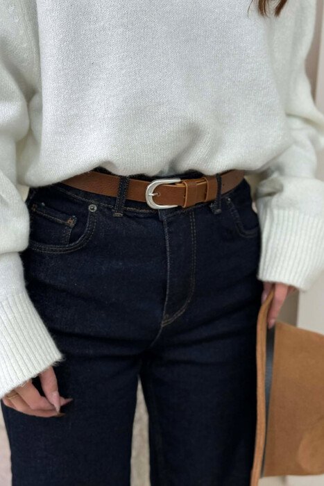 SIMPLE BUCKLE LEATHER WOMEN BELT BROWN/KAFE - KLAUDIO FASHION