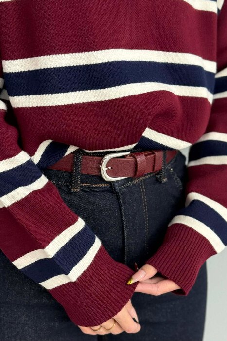 SIMPLE BUCKLE LEATHER WOMEN BELT BURGUNDY/VISHNJE - KLAUDIO FASHION