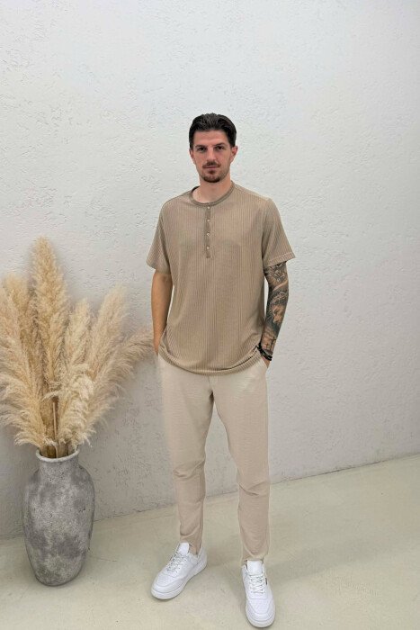 SIMPLE BUTTONED MEN T-SHIRT BEIGE/BEZHE - 3