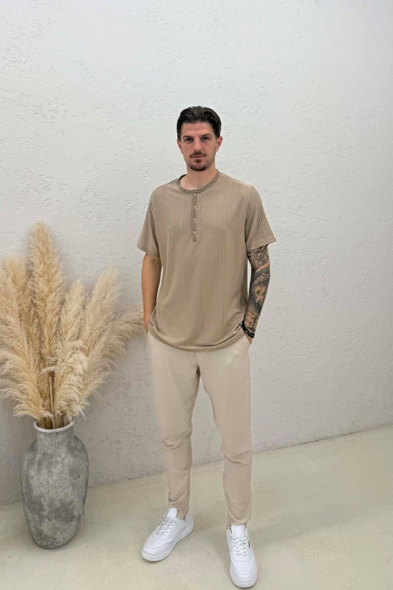 SIMPLE BUTTONED MEN T-SHIRT BEIGE/BEZHE - 3