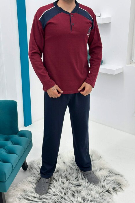 SIMPLE BUTTONED NECK SWEATSHIRT+SWEATPANTS MEN PYJAMAS BURGUNDY/VISHNJE - KLAUDIO FASHION