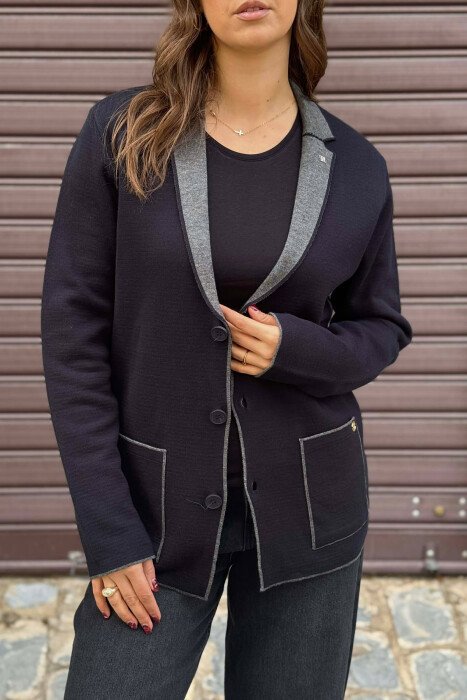 SIMPLE BUTTONED POCKETS DETAIL WOMEN CARDIGAN DARK BLUE/BEE - 4